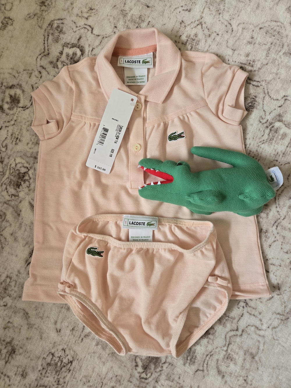 Lacoste Pink Baby Girl Polo Top and Brief Set with Plush Crocodile - Size 1y
